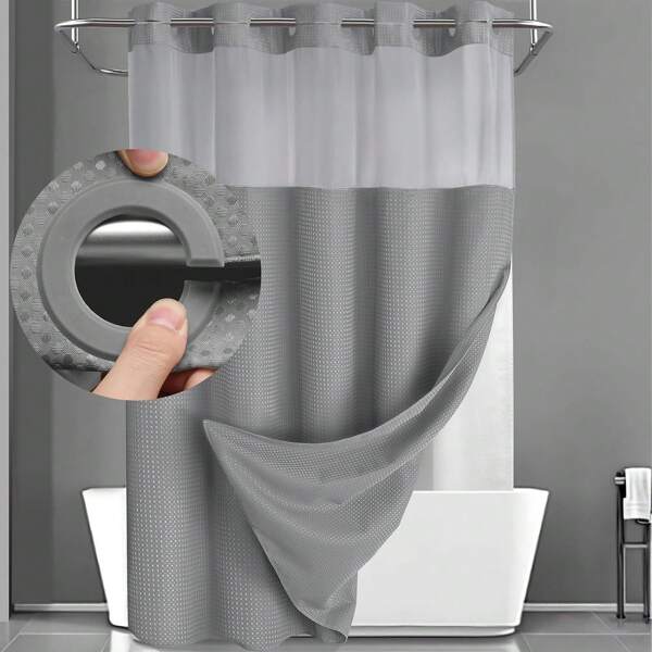 1PC Waffle Double Woven Shower Curtain, No Hook, Clear Top Window Hookless Shower Curtain With Snap Lined Waffle Shower Curtain Hotel Style Double Layer Machine Washable And Easy To Clean Bathroom Partition 72" X 75".