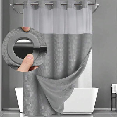 1PC Waffle Double Woven Shower Curtain, No Hook, Clear Top Window Hookless Shower Curtain With Snap Lined Waffle Shower Curtain Hotel Style Double Layer Machine Washable And Easy To Clean Bathroom Partition 72" X 75".
