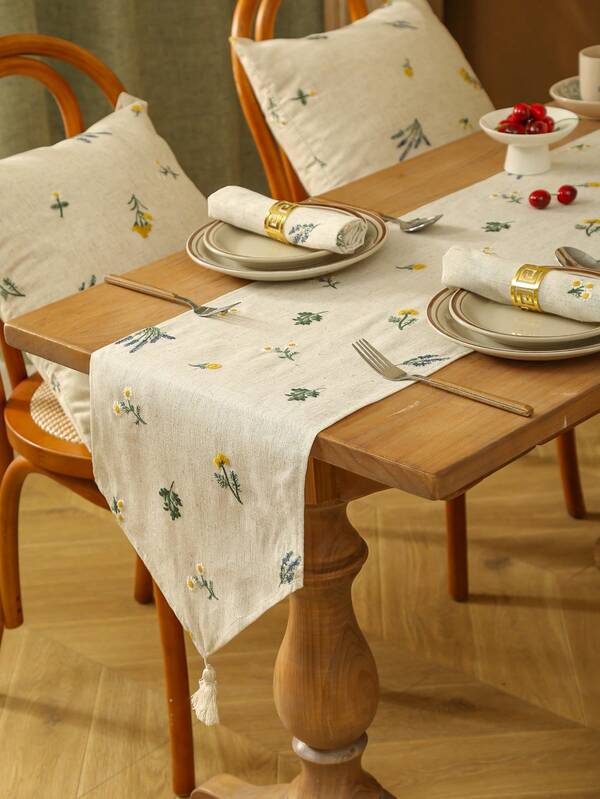 1pc Luxurious Linen Wheat Ear Embroidery Tasseled Table Runner, Oblong Farmhouse Cream-Colored Tablecloth For Home Decor