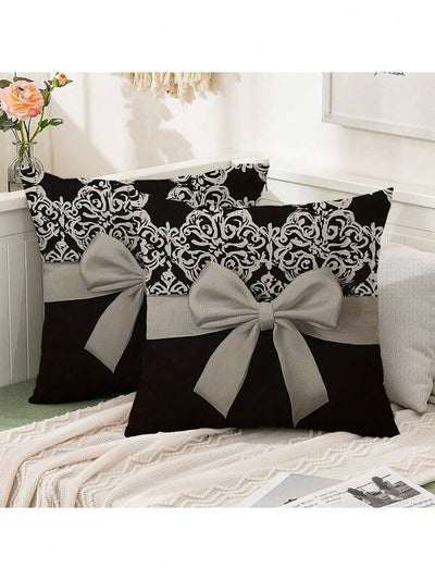 2pcs Modern Black & White European Pattern Bow Design Single-Sided Printed Pillowcase, Soft Polyester Fabric, 45cm X 45cm, Machine Washable, Suitable For Sofa, Chair, Bed, Car, Living Room, Office Decor Cushion Cover (Pillow Insert Not Included)