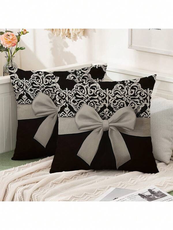 2pcs Modern Black & White European Pattern Bow Design Single-Sided Printed Pillowcase, Soft Polyester Fabric, 45cm X 45cm, Machine Washable, Suitable For Sofa, Chair, Bed, Car, Living Room, Office Decor Cushion Cover (Pillow Insert Not Included)